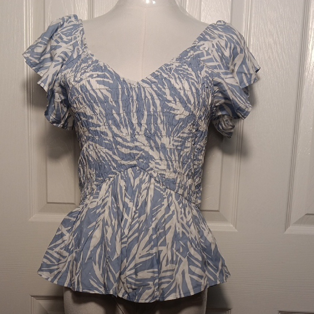 Jopna Blue & White Tropical Smocked Peplum Blouse with Ruffle Sleeves